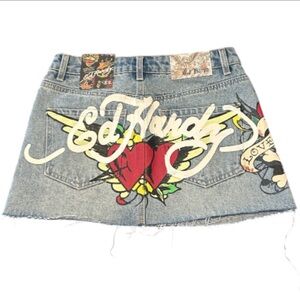 Ed Hardy Skull Graphic Denim Mini Skirt Love Kills Slowly Y2K